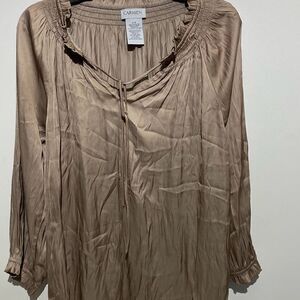 Carmen Marc Valvo Women's Taupe Tan Ruffles Neck Tie Satin Blouse Top Large